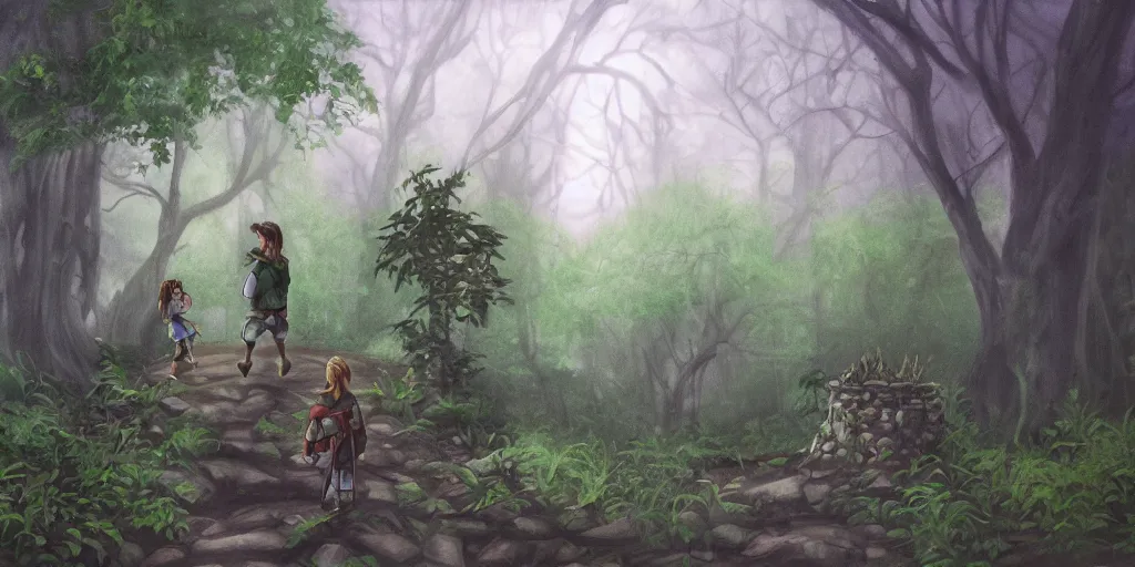 Image similar to painting of young link and tatl entering an old!!! forest temple full of green trees and plants, under a gray foggy sky