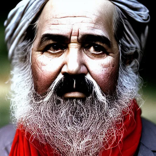 Image similar to portrait of president chester a arthur as afghan man, green eyes and red scarf looking intently, photograph by steve mccurry