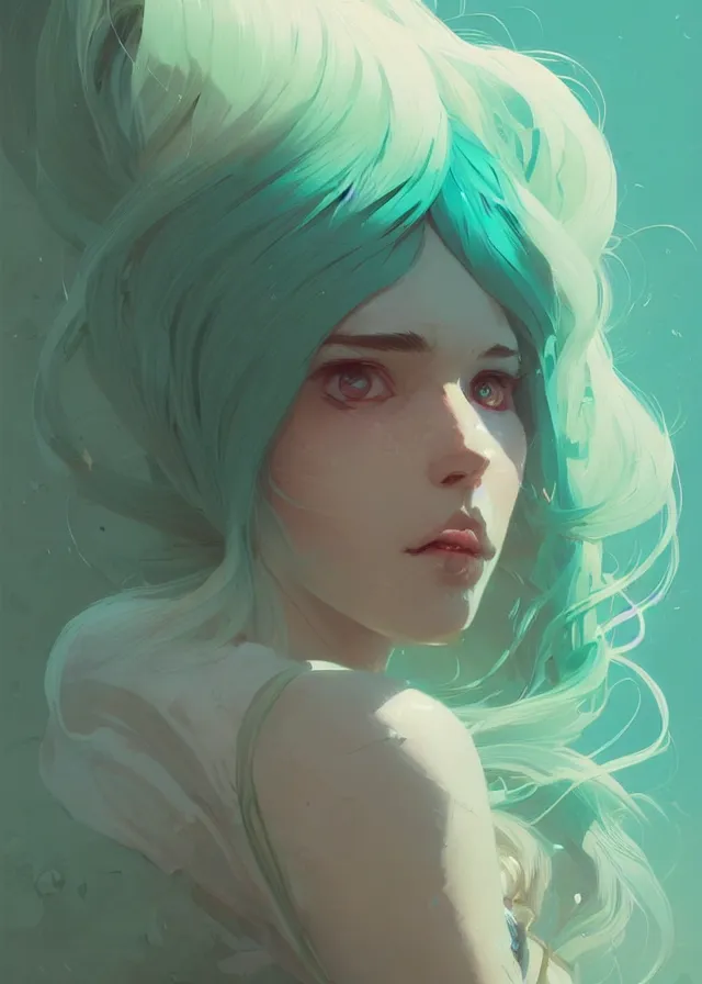 Image similar to beautiful artistic - wave highly detailed portrait female, front facing, long green hair, by atey ghailan, by greg rutkowski, by greg tocchini, by james gilleard, by joe fenton, by kaethe butcher, dynamic lighting, gradient light blue, brown, blonde cream and white color scheme, grunge aesthetic