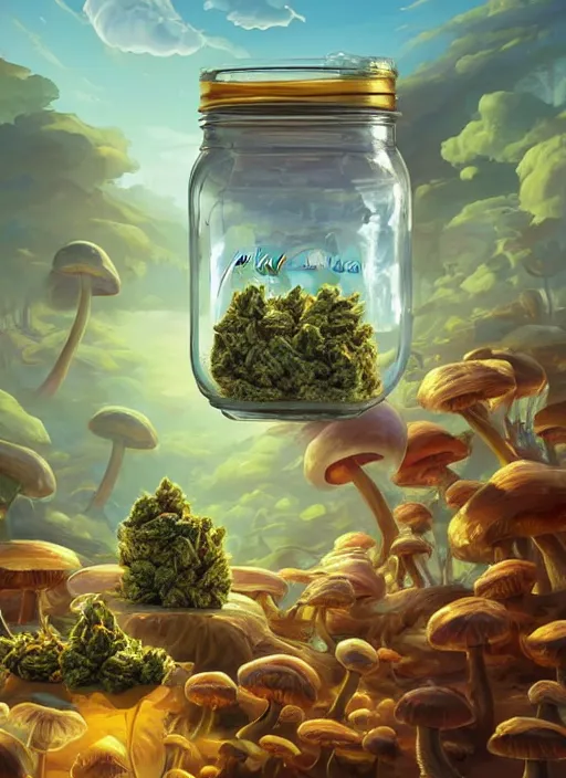 Image similar to detailed surreal digital painting of a mason jar full of cannabis buds, surreal mushrooms and large capsules by artstation, fanart behance hd by jesper ejsing, by rhads, makoto shinkai and lois van baarle, ilya kuvshinov, rossdraws, refer madness propaganda, global illumination, radiant light, detailed and intricate environment