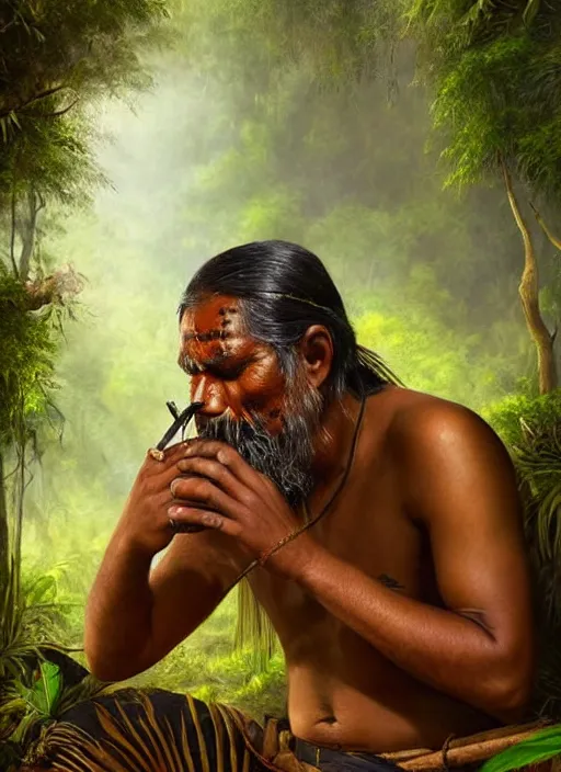 Prompt: a beautiful portrait of an indigenous man sitting in the jungle, surrounded by smoke, smoking a pipe, praying with tobacco, mysterious atmosphere, fantasy art, matte painting, highly detailed