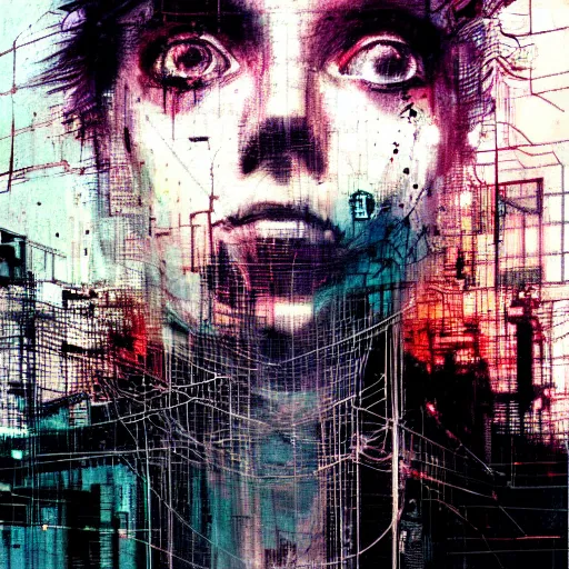 Image similar to glitchcore portrait of a cybercity dreamer, wires, machines, in a dark future city by jeremy mann, francis bacon and agnes cecile, and dave mckean ink drips, paint smears, digital glitches glitchart