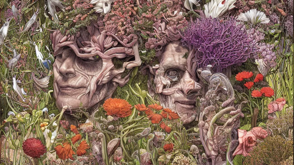 Image similar to highly detailed illustration of a human anatomy head surrounded all the known species of flowers by juan gatti, by moebius!!, by oliver vernon, by joseph moncada, by damon soule, by manabu ikeda, by kyle hotz, by dan mumford, by kilian eng