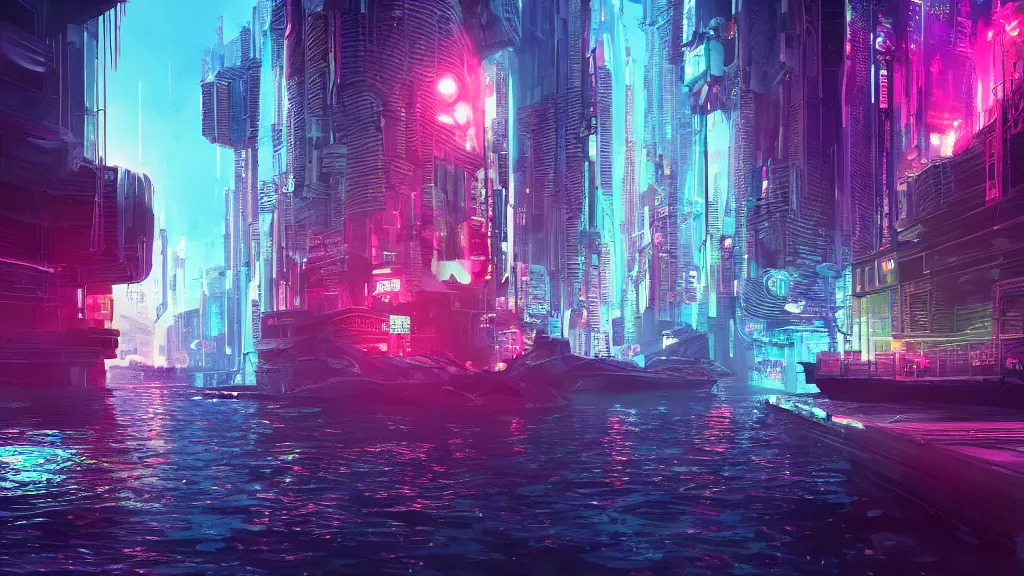 Prompt: immersed in cyberpunk city built underwater, submerged, nighttime, fluorescent led, concept art, cinematic, volumetric lighting, futuristic,, hyperrealistic, highly detailed, colourful 4 k hd