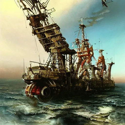 Prompt: realistic illustration retrofuturistic dieselpunk pirate ship exploration survey sci-fi peter elson, john berkey