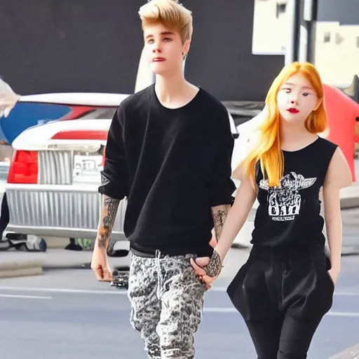 Prompt: justin bieber holding hands with Dahyun. They're So SO SO in love. paparazzi photo.