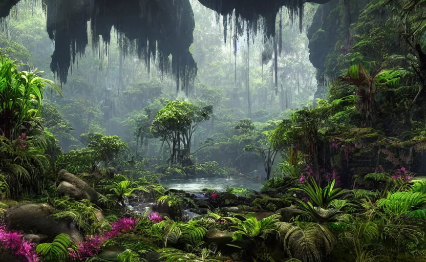 Image similar to a beautiful render of a dark prehistoric rainforest in a humongous cave, lush flora, patches of sky, magenta flowers, sunset, floating mountains and a waterfall in the background, intricate detail, hazy, humid, volumetric lighting, 8 k, photorealistic, raytracing effects, unreal engine 5