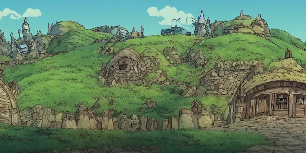 Image similar to a still from howl's moving castle of hobbiton, studio ghibli