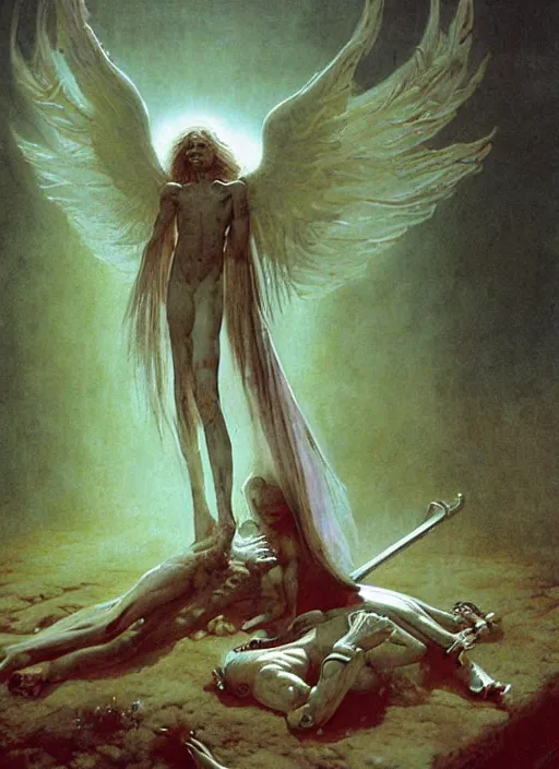 Image similar to giant white glowing angel rising above fallen demon lying on the foggy ground by wayne barlowe, wes anderson, arnold böcklin, roger dean, mikalojus konstantinas ciurlionis, mikhail vrubel and wadim kashin, rich moody colours, 90-s anime, ethereal, lo-fi retro videogame