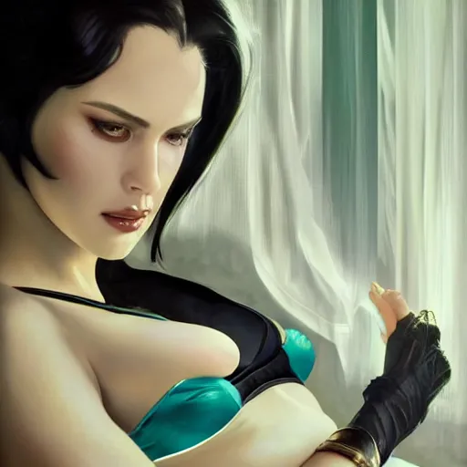 Prompt: striking character concept portrait, bayonetta, sitting with wrists together, sheer teal lingerie, slim, curvaceous. detailed expression, high quality, very dark lighting, many shadows, high contrast, fantasy, reflective, spotlight. digital artwork by artgerm and wlop and alex ross and alphonse mucha, trending on artstation