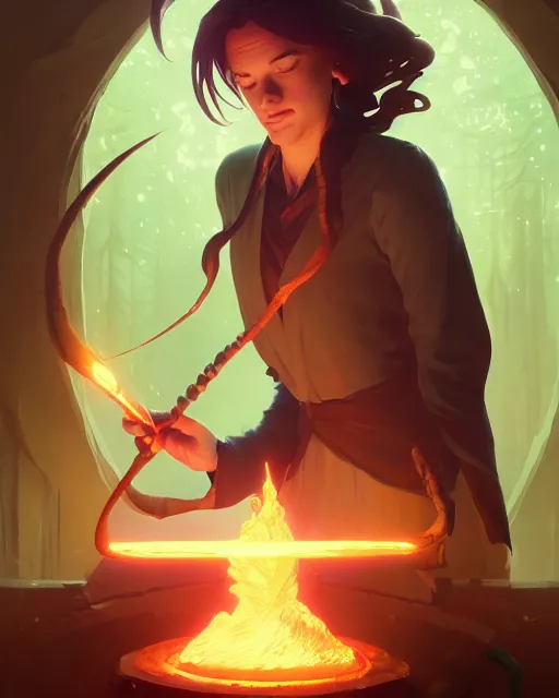 Image similar to highly detailed vfx portrait of a mage casting a earth spell, unreal engine, greg rutkowski, loish, rhads, beeple, makoto shinkai and lois van baarle, ilya kuvshinov, rossdraws, tom bagshaw, alphonse mucha, global illumination, detailed and intricate environment