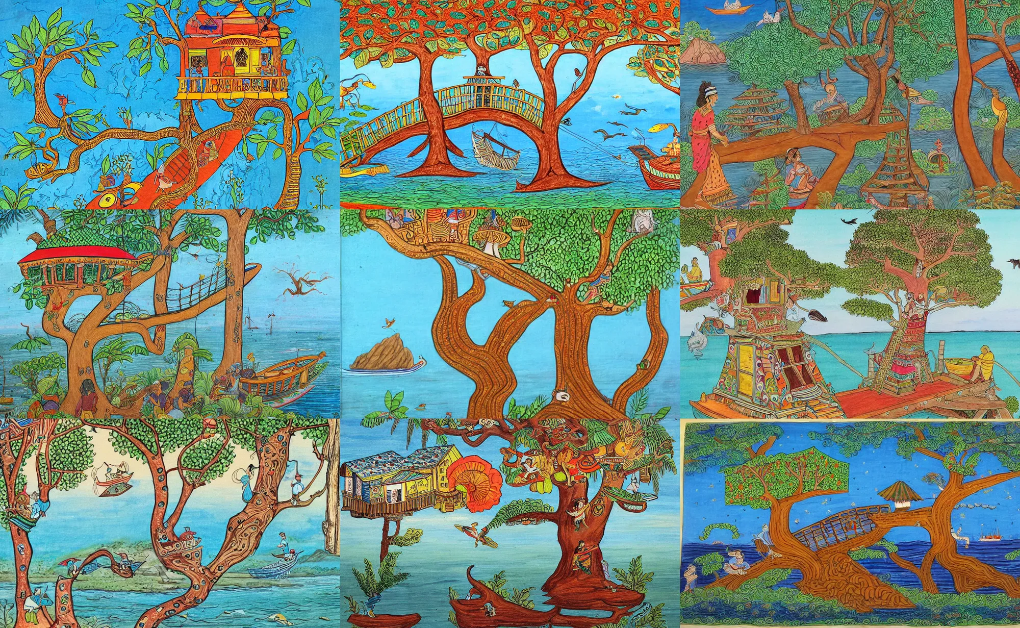 Prompt: pattachitra painting of a mystical island treehouse on the ocean