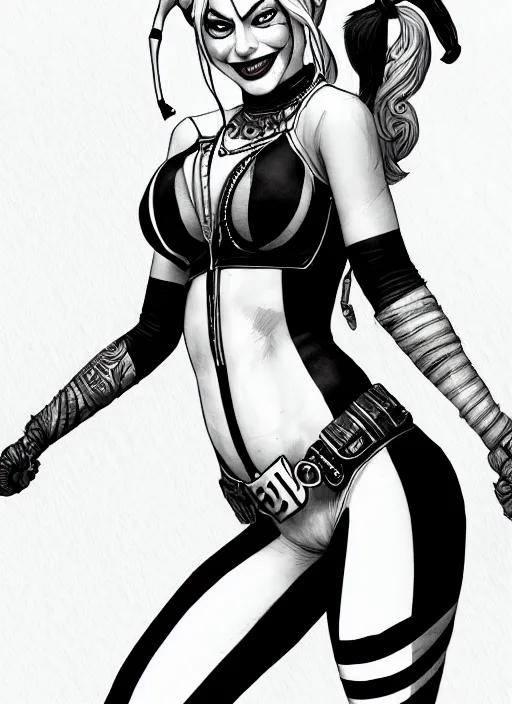 Image similar to concpet art, full shot, traditional ink, sketch, of harley quinn, line sketch, intricate, elegant, highly detailed, monochrome, digital painting, artstation, concept art, sharp focus, illustration, art by borderlands 3 and peter polach