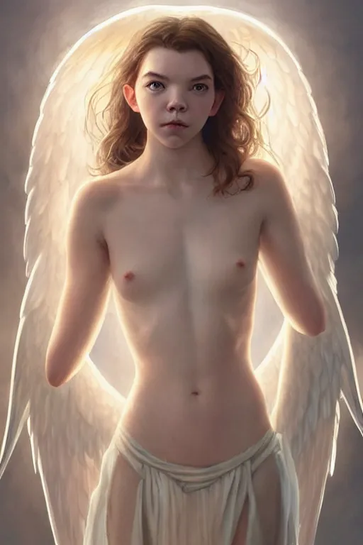 Image similar to anya taylor - joy as a heavenly angel, anatomy, bathing in light, highly detailed, photorealistic, artstation, smooth, sharp focus, illustration, unreal engine 5, 8 k, art by art by artgerm and greg rutkowski and edgar maxence