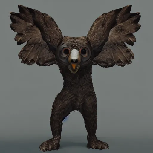 Image similar to bear with owl wings and anime eyes, high quality render, unreal engine , trending