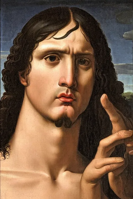 Image similar to renaissance painting of man, long black hair, pleading face, tears dripping from the eyes, emotions closeup, dressed in roman armour, the beautiful garden with pines, ultra detailed, art by Guido Reni style, Vincenzo Catena style
