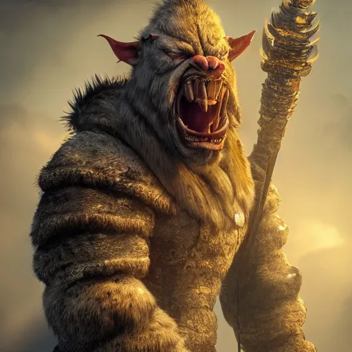 Image similar to A full body shot of a handsome orc looking into the camera wearing a fur jacket and boots, full body shot, artstation, realistic, highly detailed, symmetrical, hyper realism, high detail, octane render, unreal engine, 8k, fantasy art, intricate, highly detailed, concept art