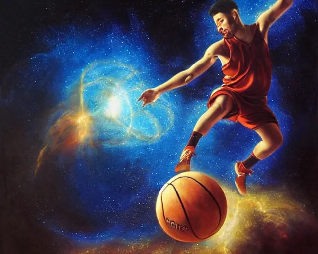 Prompt: cosmic basketball player dunking a basketball hoop in a nebula, an oil painting, by ( leonardo da vinci ) and greg rutkowski and rafal olbinski ross tran airbrush time magazine