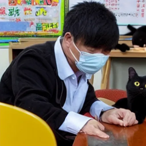 Prompt: A middle-aged Chinese male biology teacher is terrified by a black cat in his classroom