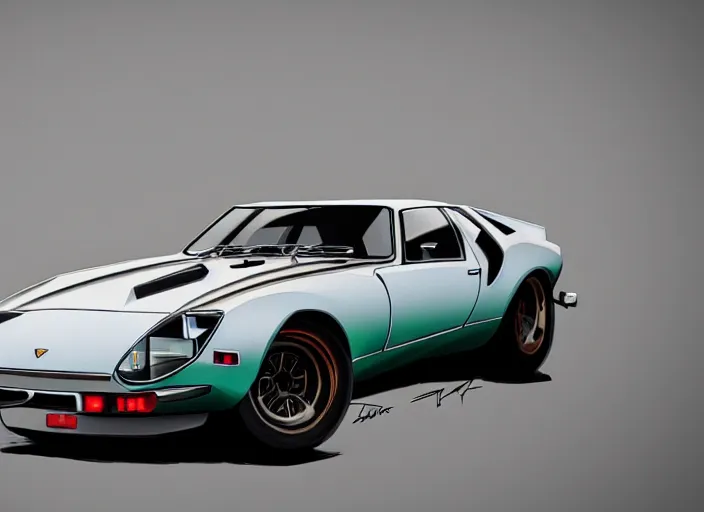Image similar to a blending, amalgamation and detailed combination of a lamborghini countach, datsun 2 6 0 z and a jaguar e - type, concept art, round headlights, long engine bay, 8 k, highly detailed, trending on art station
