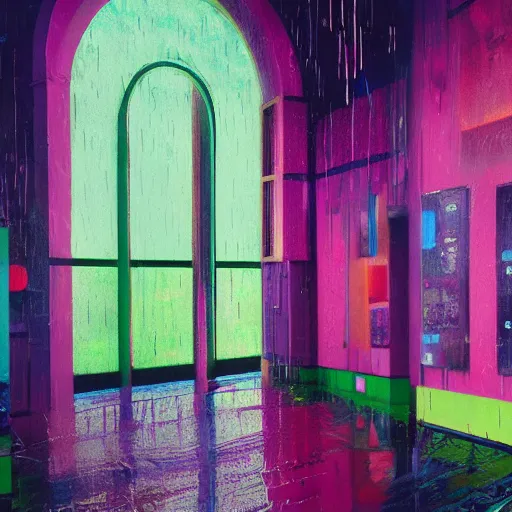 Image similar to 9 0 s interior with organic arched windows, rain like a dream, oil painting, volumetric lighting, cyberpunk, basquiat + francis bacon + gustav klimt + beeple, elevated street art, fantasy lut, textural, pink, blue, purple, green,