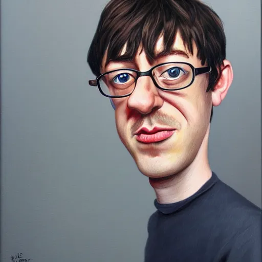 Image similar to Caricature portraits done of a young Graham Coxon, realistic, hyperrealistic, very realistic, highly detailed, very detailed, extremely detailed, detailed, oil painting, digital art, trending on artstation