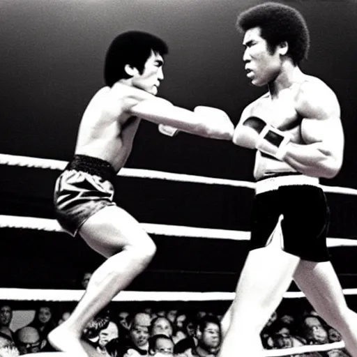 Image similar to bruce lee vs muhammad ali, arena fight, boxing ring