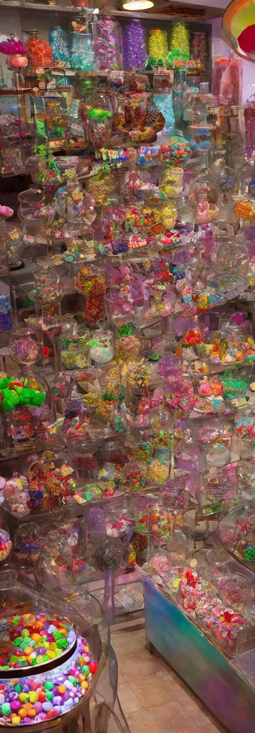 Prompt: inside a magical candy shop filled with glass jars of novelty candy, food vendor, claude monet, unreal engine