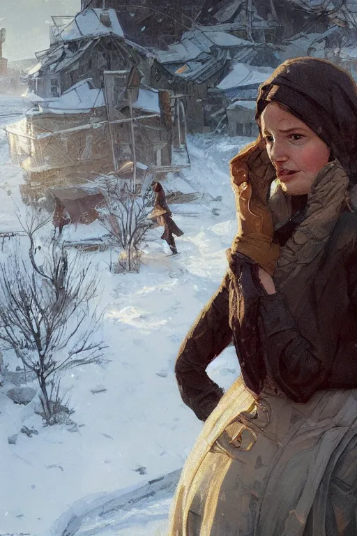 Image similar to portrait of a hungry and unhappy pregnant woman in the besieged Leningrad in winter, digital painting, artstation, concept art, smooth, sharp focus, illustration, art by artgerm and greg rutkowski and alphonse mucha