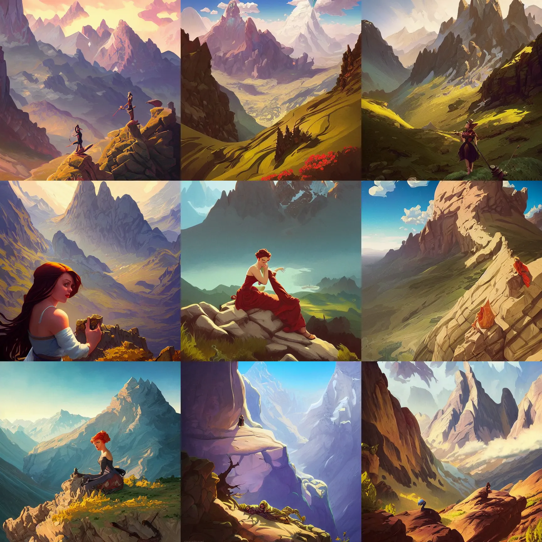 Prompt: mountain landscape whithou people, extreme view angle, pinup, pulp art, deep focus, fantasy, intricate, elegant, highly detailed, digital painting, artstation, concept art, matte, sharp focus, illustration, hearthstone, art by rhads and artgerm and greg rutkowski and alphonse mucha.