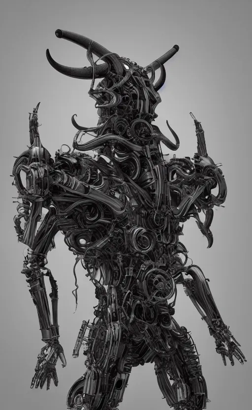 Prompt: Techno-God is an ancient mechanical gray giant chaotic horned humanoid, digital art, 16k, hyperrealism, high detail, ray tracing, concept art, octane render