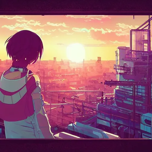 Prompt: android mechanical cyborg anime girl overlooking overcrowded urban dystopia. short soft hair. scaffolding. pastel pink clouds baby blue sky. gigantic future city. raining. makoto shinkai. wide angle. distant shot. purple sunset. perfectly circular sun. sunset ocean reflection.