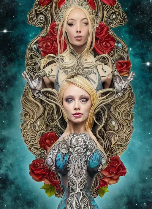 Image similar to blonde girl in a cosmic dress, full-body tattoos, ornate, rococo, grotesque, zbrush art, majestic, organics, silver filigree, colorful, dark fantasy, celtic knot, anatomical, HR, giger style, moebius, frank frazetta, ornate, art nouveau, symmetrical, turquoise jewelry, red smoke, roses, unbiased render, rotten, Emil melmoth, eerie, macabre, haunting,detailed and intricate, floral, faded pink, hypermaximalist, elegant, vintage, hyper realistic, super detailed, pastel colors, 8K, octane render, 8k,