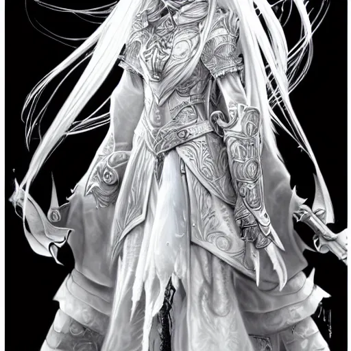 Prompt: a drawing of a woman with long white hair, wearing ornate armor, a character portrait by yoshitaka amano, featured on pixiv, fantasy art, official art, androgynous, anime