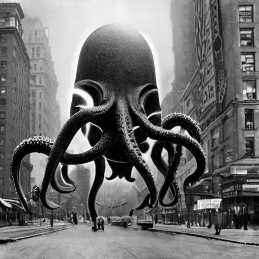 Image similar to old black and white photo, 1 9 1 3, depicting a giant alien dieselpunk octopus rampaging through the bustling streets of new york city, historical record, volumetric lights