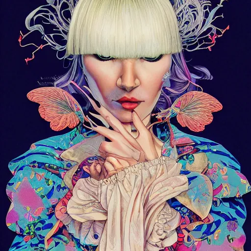 Image similar to portrait of crazy beautiful singer sia kate isobelle furler, big ribbon, ymmetrical, by yoichi hatakenaka, masamune shirow, josan gonzales and dan mumford, ayami kojima, takato yamamoto, barclay shaw, karol bak, yukito kishiro