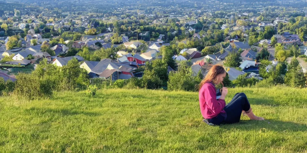 Image similar to cottagecore of a student sitting on a hilltop overlooking a suburban neighborhood on a peaceful morning