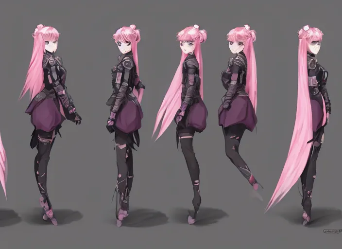 Image similar to character sheet for a beautiful and cute girl for genshin impact by greg rutkowski, black to light pink fade hair, genshin impact style, ghibli, fashion design, overwatch style, sorcerer magic witch, digital art, trending on artstation, hd, 8 k, highly detailed, good lighting, beautiful, masterpiece