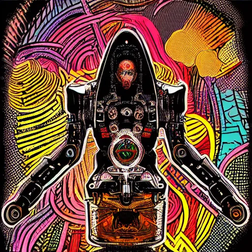 Image similar to mockup of a black hoodie with a hyperdetailed portrait of a steampunk robot on lsd in robert crumb style, 8 k, symetrical, flourescent colors, trippy mood, multicolored,