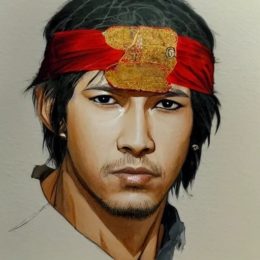 Image similar to portrait of sajtama by yoji shinkawa, high quality, english man, extra details, realism, ornate, colored, golden chain, blood, white skin, short hair, brown eyes, vivid, sunlight, red headband, black eyepatch, white american soldier, painting, cybernetics, military