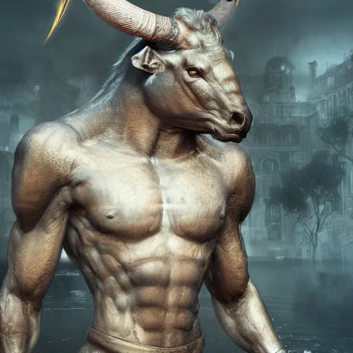 Image similar to hyperrealistic mixed media image of minotaur, stunning 3 d render inspired art by greg rutkowski and xiang duan and thomas eakes, perfect facial symmetry, immaculate complexion, realistic, highly detailed attributes and atmosphere, dim volumetric cinematic lighting, 8 k octane detailed render, post - processing, masterpiece,