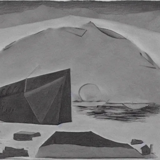 Image similar to boring chilled deadly Antarctica hexagon grouper tin pudding tuba , by Leonardo da Vinci and Arshile Gorky and Chesley Bonestell , charcoal drawing , matte painting , flat shading