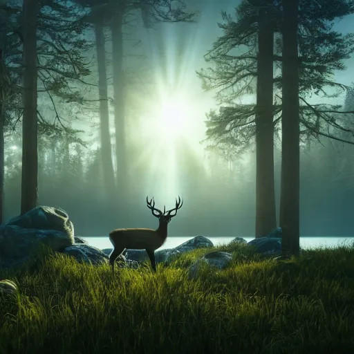 Prompt: epic crystalline forest with a lake, deer, golden hour, misty ground, rocky ground, distant mountains, atmospheric perspective, altostratus clouds, planets, cinematic, 3 5 mm lens, anamorphic lens flare, photographic, octane render, cinematography by roger deakins, in the style of ansel adams