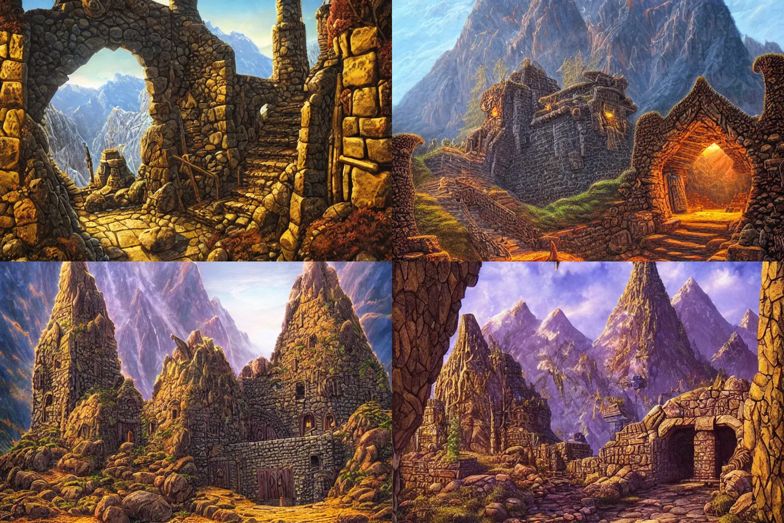 Prompt: entrance to a dwarven fortress in the mountains | hyperdetailed | intricated | jeff easley | golden hour | high fantasy | colorful |