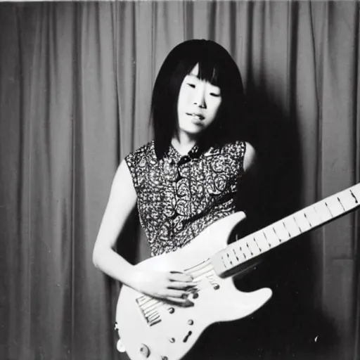 Image similar to a black and white polaroid of a female japanese musician playing an electric guitar, 1 9 7 0 s