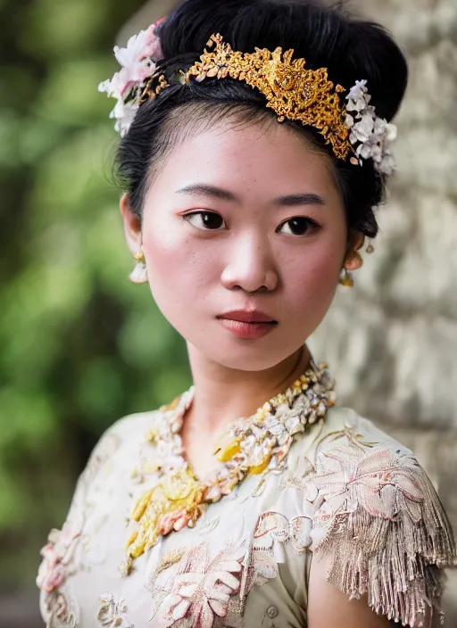 Image similar to portrait of elizabeth lily wearing kebaya in bali temple, by charlotte grimm, natural light, detailed face, beautiful features, symmetrical, canon eos c 3 0 0, ƒ 1. 8, 3 5 mm, 8 k, medium - format print