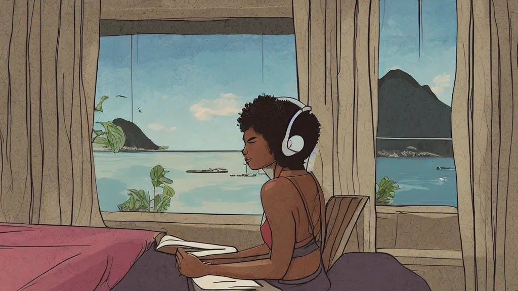 Prompt: black girl, curly hair, with headphones, studyng in bedroom, window with rio de janeiro view, lo-fi illustration style, digital art, alive colors