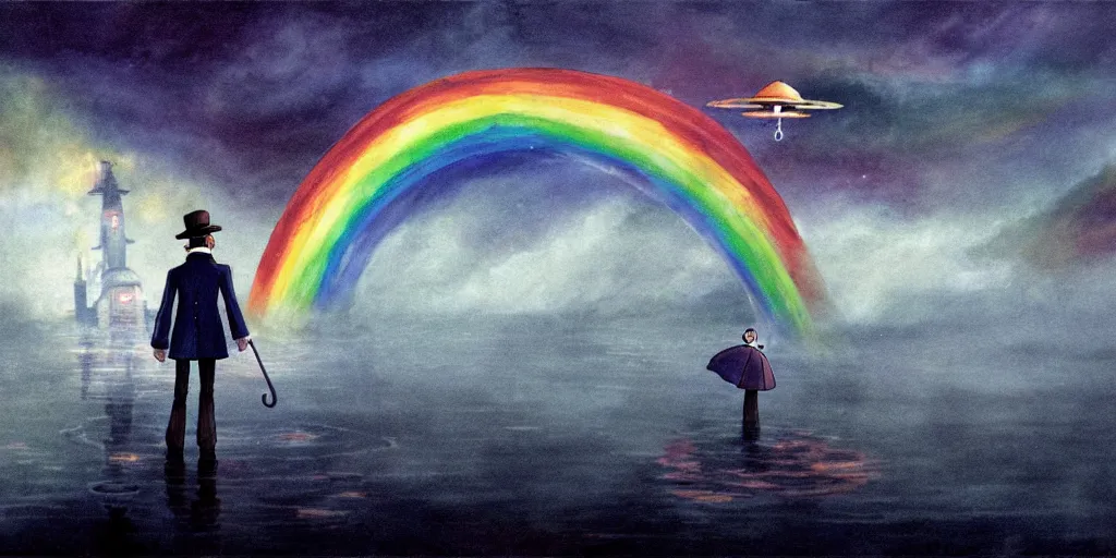 Image similar to a realistic and atmospheric cell - shaded concept art from howl's moving castle ( 2 0 0 4 ) of a rainbow colored ufo in the air. a man with an umbrella is standing in a flooded parking lot. it is a misty starry night. very dull muted colors, hd, 4 k, hq