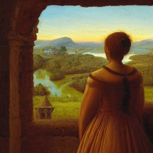 Prompt: very very very beautiful and detailed oil painting of the back of a medieval princess looking out of a castle window onto a sunlit landscape during dusk, 8k