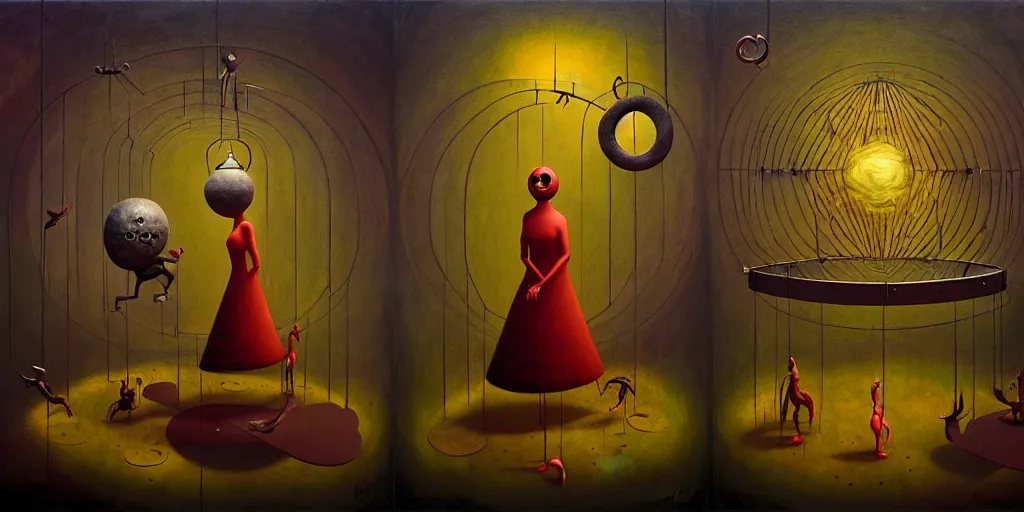 Image similar to trapped on the hedonic treadmill, dark surreal painting by ronny khalil, shaun tan, and leonora carrington